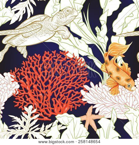 Sea World Seamless Pattern, Background. Stock Vector Illustration.