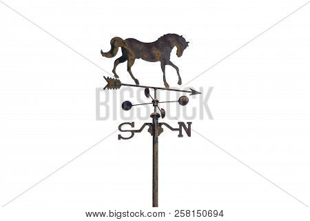 Old Weather Vane Or Wind Direction Indicator Isolated On White Background. (selective Focus)