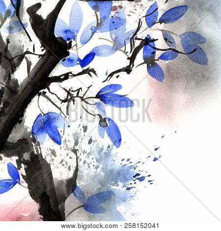 Watercolor And Ink Illustration Of Tree With Leaves, Background With Grunge Watersplash Texture, Ori