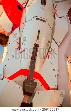 Tokyo, Japan - April 20 2018: Full-size Mobile Suit  Rx-0 Unicorn Gundam Replica From The Mobile Sui