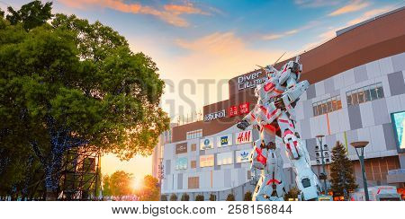 Tokyo, Japan - April 20 2018: Full-size Mobile Suit  Rx-0 Unicorn Gundam Replica From The Mobile Sui