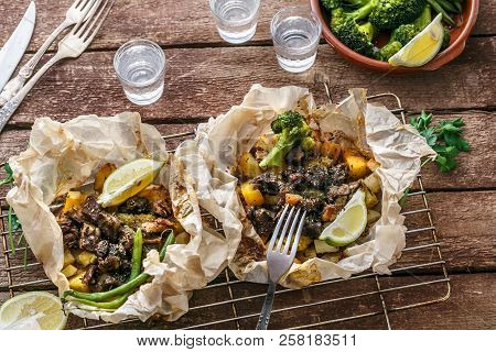 Traditional Greek Kleftiko, An Oven-baked Lamb Stew With Potato, Olive Oil, Onion, Carrot, Garlic An