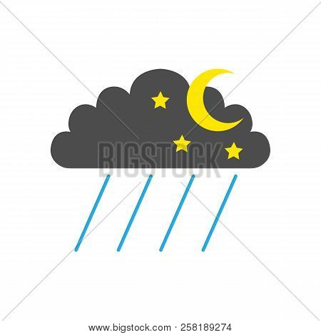 Night Rainfall Symbol. Cloud, Half Moon, Stars And Rain. Weather Forecast Icon. Vector.