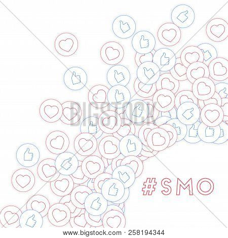 Social Media Icons. Smo Concept. Falling Scattered Thumbs Up Hearts. Radiant Right Bottom Corner Ele