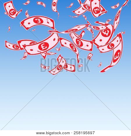 British Pound Notes Falling. Random Gbp Bills On Blue Sky Background. United Kingdom Money. Beauteou