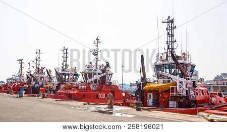Genoa (genova), Italy April 12, 2017 - Tugboats Moored In The Port Of Genoa, Italy