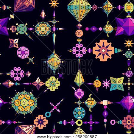 Vector Abstract Elements Seamless Pattern Made With Different Geometric Shapes Constructor. Colored 