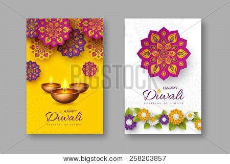Diwali Festival Holiday Posters With Paper Cut Style Of Indian Rangoli, Flowers And Diya - Oil Lamp.