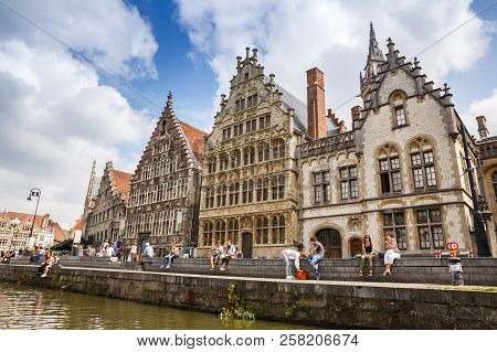Ghent, Belgium - August 14, 2015 - Old Colorful Traditional Houses At The Graslei Along The Canal.