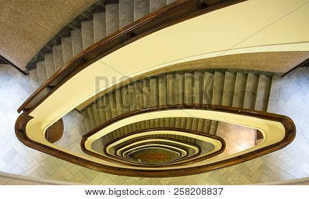 Genoa (genova), Italy, April 4 2017 - Stairwell Building, Oval Staircase Inside A Building