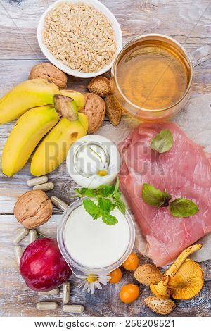 Best Food For Getting Sleep. Foods Rich Of Tryptophene And Melatonin. Healthy Nutrition Concept