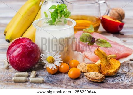 Best Food For Getting Sleep. Foods Rich Of Tryptophene And Melatonin. Healthy Nutrition Concept