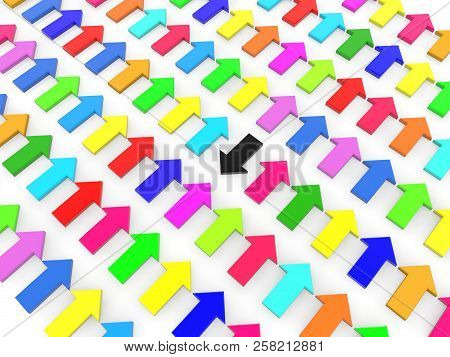 The Opposite Direction Black Arrow Against Colorful Arrows 3d Illustration