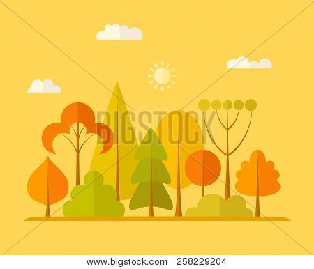Autumn Landscape. Colorful Banner With Panorama Of Autumn Forestn In A Flat Style. Leaf Fall. Season