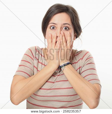 Stressed Eyes Of Brunette Woman Isolated On White Background