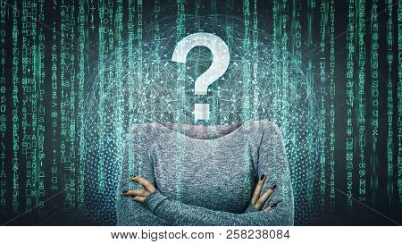 Surreal Image As A Woman Online Anonymous Internet Hacker With Invisible Face Stand With Crossed Han