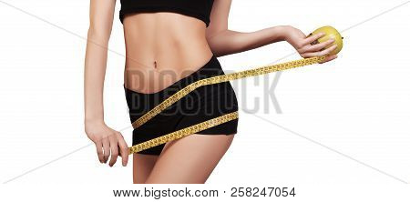 Woman Measuring Her Waist. Perfect Slim Body. Diet. Slim Body, Isolated On White, Copy Space. Fit Fi