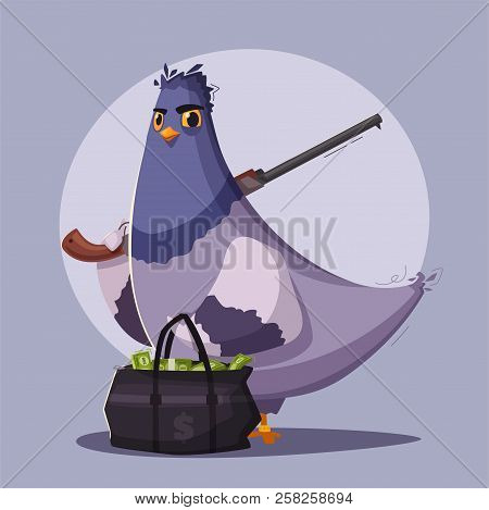 Pigeon A Robber. Thug Life. Cartoon Vector Illustration. Theft Money. Criminal Character. Thief Bird