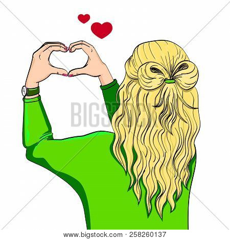 The Girl S Back. Hands Shows The Figure Of The Heart. On The Wall. Object On White Background Raster