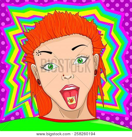 Stamp With Lsd Drug On Tongue Pop Art Retro Raster Illustration. Acid Narcotic. Comic Book Style Imi