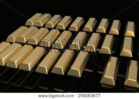 Stacked Bars Of Gold Bullion 3d Render On Black .financial Concept