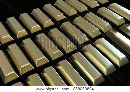 Stacked Bars Of Gold Bullion 3d Render On Black .financial Concept