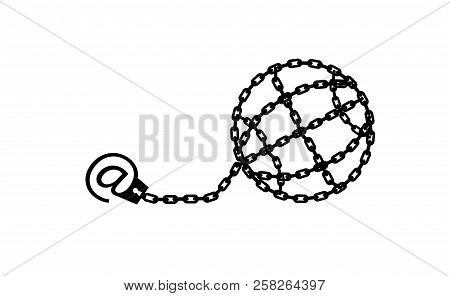 Globe Chained And Shackled. Modern Metaphor, Phone Internet And Social Networks Addiction Icon. Styl
