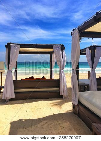Playa Del Carmen, Mexico - February 3, 2018: Luxury Deck Chairs On The Beach In Playa De Carmen At C