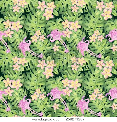 Watercolor Illustration Of Tropical Pattern, Plumeria, Pink Flamingo Leaves Monsters Pattern. Drawin