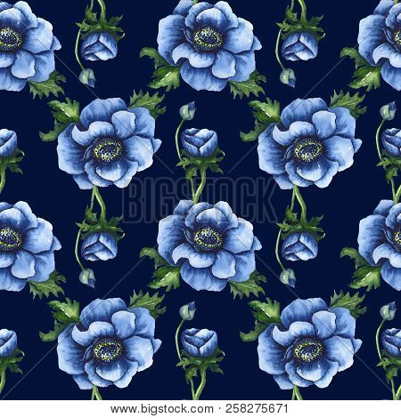 Watercolor Bright Autumn Paterrn With Blue Anemona Flowers And Buttons