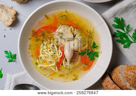 Quail Noodle Soup, Homemade Broth With Noodles And Vegetables Served With Bread Rolls, Zama, Traditi