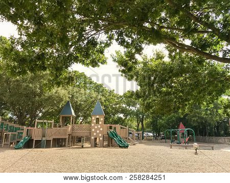 Public Wooden Castle Style Children Playground In Coppell, Texas, Usa