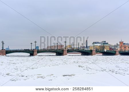 Sampsonievsky Bridge Over Frozen Bolshaya Nevka River In Winter. Saint Petersburg. Russia
