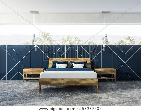 Blue Geometric Wall Pattern Bedroom Interior With A Concrete Floor, A Panoramic Window And Blue Blan