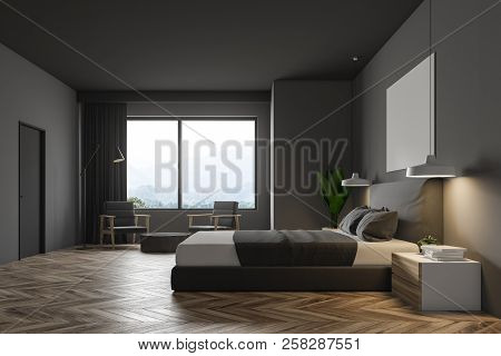 Grey Wall Minimalistic Bedroom Interior With A Wooden Floor, Masterbed On It, Night Stand And Round 