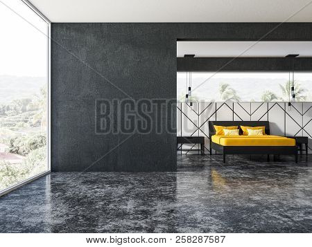 White Geometric Wall Pattern Bedroom Interior With A Concrete Floor, A Panoramic Window And Yellow B
