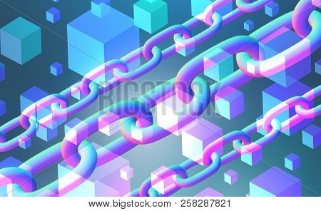 White Cubes Over Blue Background And Three Diagonal Chains Interface. Concept Of Hi Tech And Art. 3d