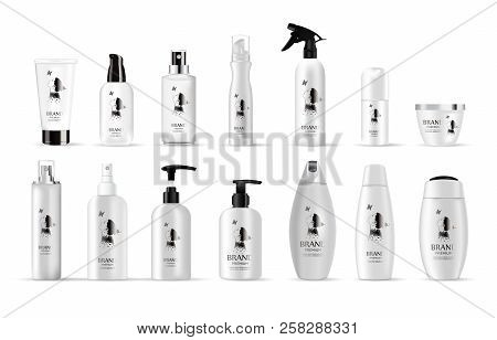 Set Vector Blank And Clean White Plastic Containers: 
Bottles With Spray, Dispenser And Dropper, Cre