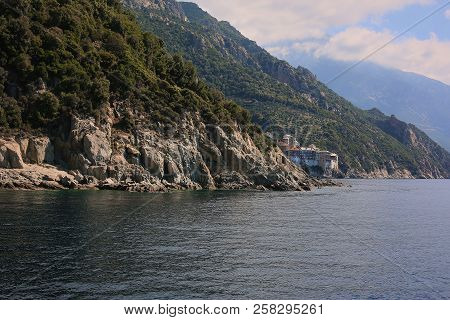 Athos Peninsula, Greece.view From A Ferry. Orthodox Monasteries, Mountains