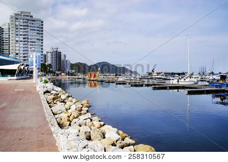 SANTA MARTA, COLOMBIA, 03 AUGUST, 2018: Marina of Santa Marta Resort, Maddalena County, Colombia, South America