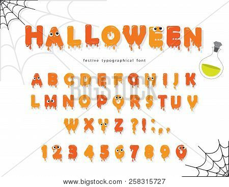 Halloween Font For Kids. Pumking Orange Letters And Numbers.