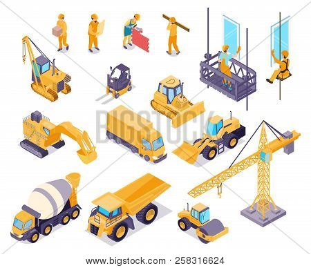 Construction Isometric Icons Set With Workers And Various Equipment For House Building Isolated On W