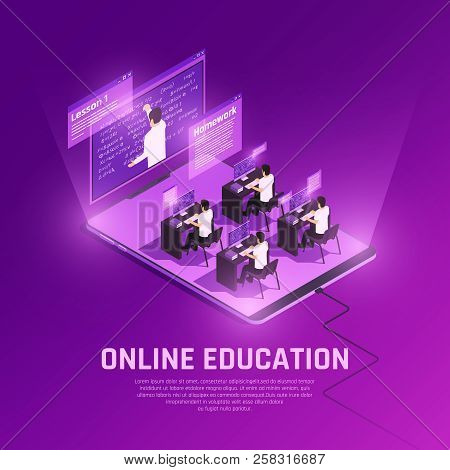 Online Education Glow Isometric Composition With View Of Hi Tech Anvironment With People Computers A