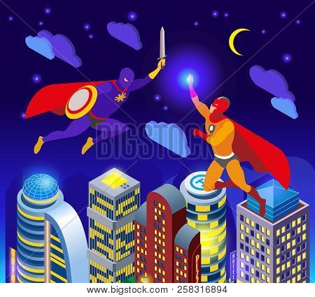 Super Heroes During Night Fight Over Illuminated Sky Scrapers Isometric Composition Vector Illustrat