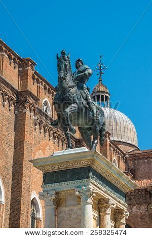 Venice, Italy - 17.08.2018: Bronze Equestrian Statue Bartolomeo Colleoni In Front Of The Renaissance