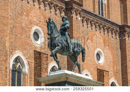 Venice, Italy - 17.08.2018: Bronze Equestrian Statue Bartolomeo Colleoni In Front Of The Renaissance