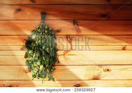 Birch Brooms On A Wooden Wall In Russain Bath Hanging Bath Broom
