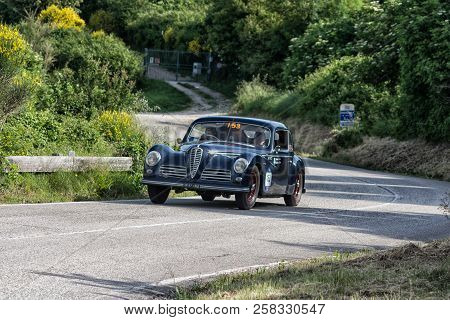 PESARO COLLE SAN BARTOLO , ITALY - MAY 17 - 2018 : FERRARI 340 AMERICA SPIDER VIGNALE	1952 old racin
