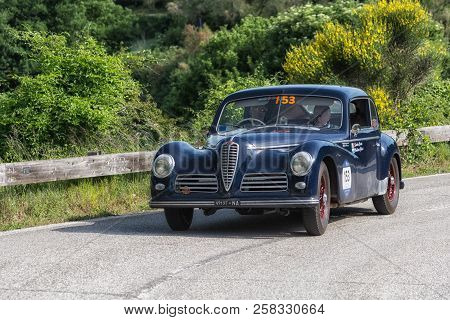 PESARO COLLE SAN BARTOLO , ITALY - MAY 17 - 2018 : FERRARI 340 AMERICA SPIDER VIGNALE	1952 old racin