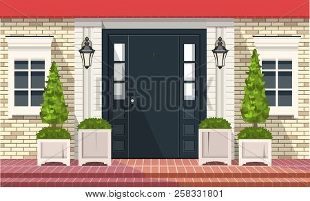 Facade Of Building, Front Door With Outdoor Plants In Pots, Vector Building Element